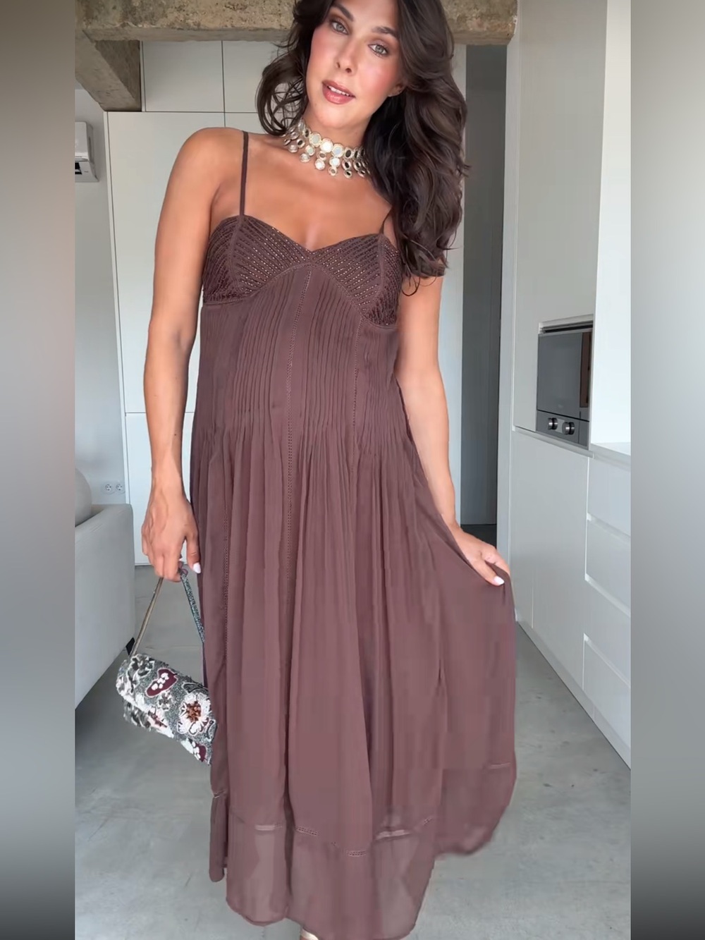 Zara Brown Crochet Bodice Spaghetti Strap Maxi Dress